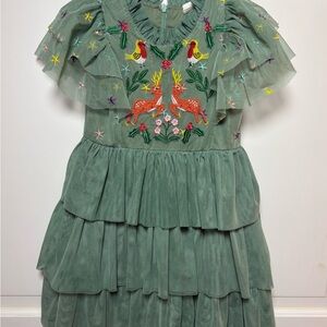 CCM Green Ruffled Christmas Dress with Embroidery